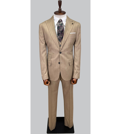 SUIT SARTORIA ÇİZGİLİ BEJ YELEKLİ TAKIM ELBİSE 2895