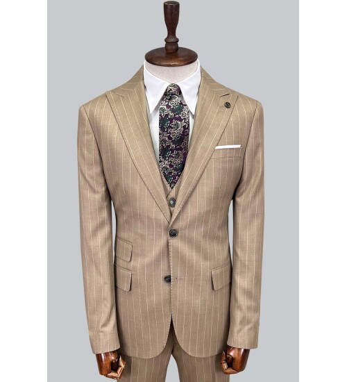 SUIT SARTORIA ÇİZGİLİ BEJ YELEKLİ TAKIM ELBİSE 2895