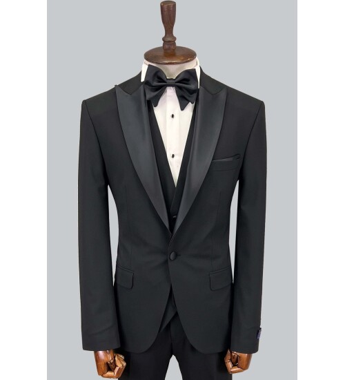 SUIT SARTORIA ÇIKMA SİVRİ YAKA SİYAH YÜNLÜ DAMATLIK 5626